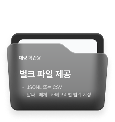대량 학습용 — 벌크 파일 제공: JSONL 또는 CSV, 날짜·매체·카테고리별 범위 지정